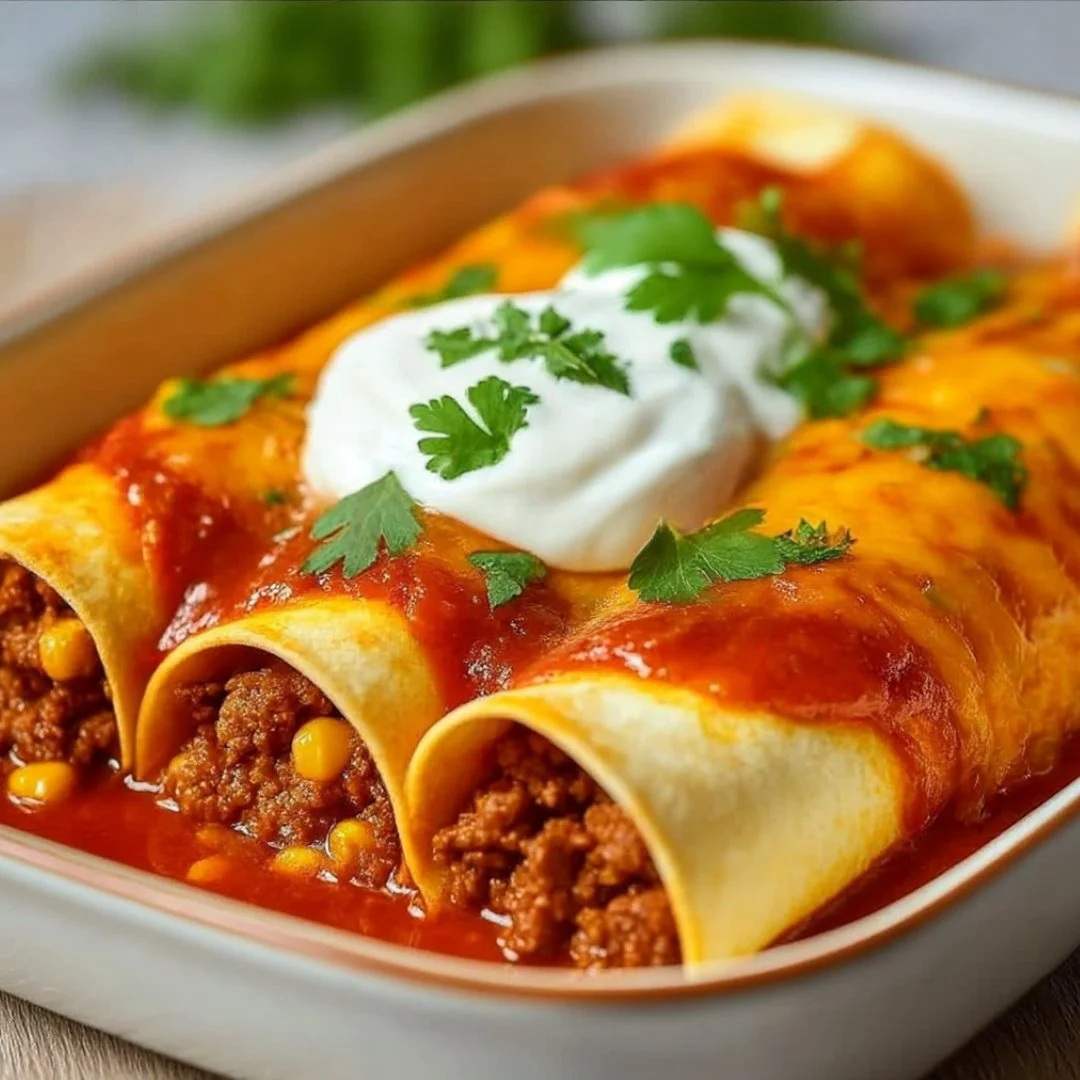 Ground beef enchiladas topped with cheese and fresh toppings