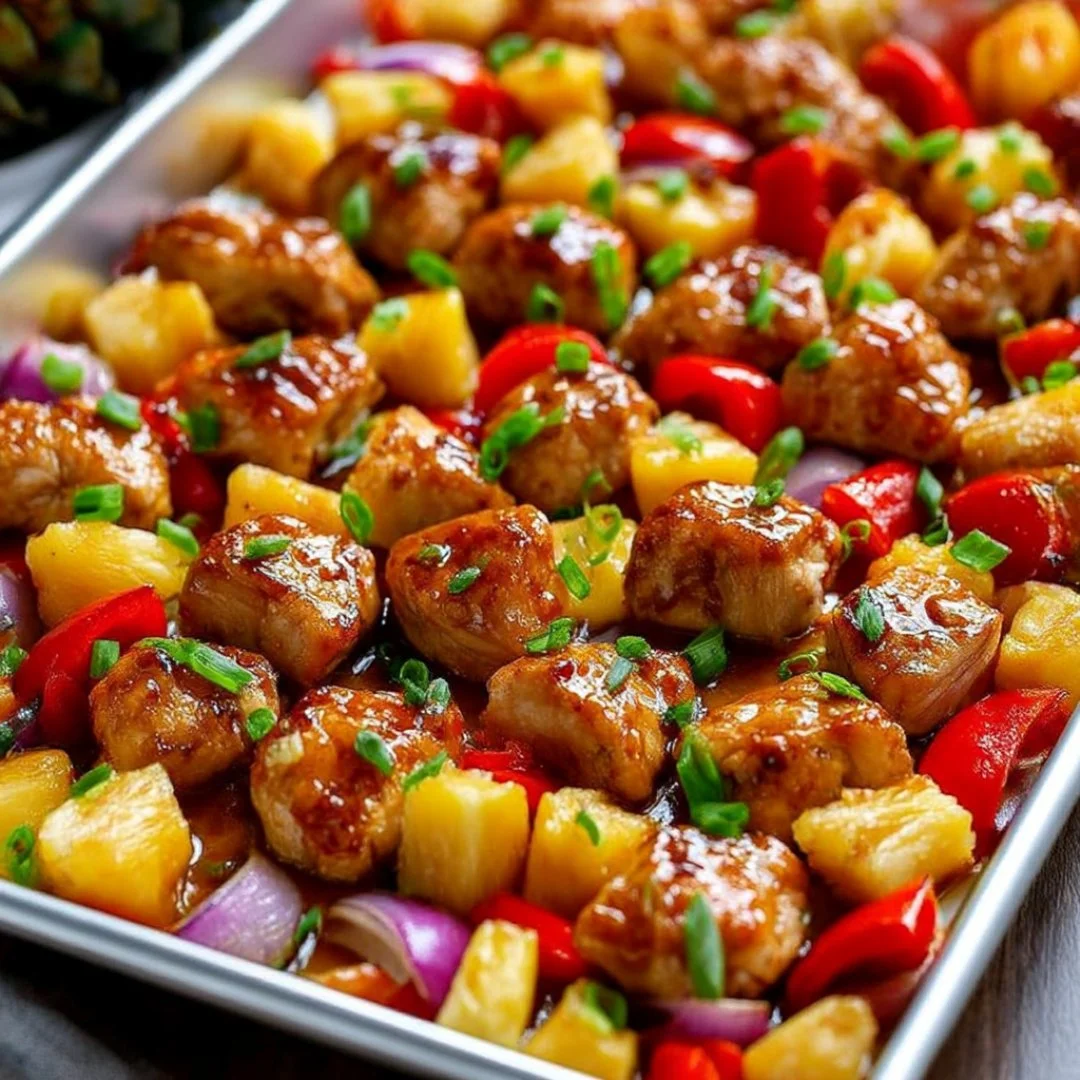 Hawaiian Chicken Sheet Pan dish with colorful vegetables