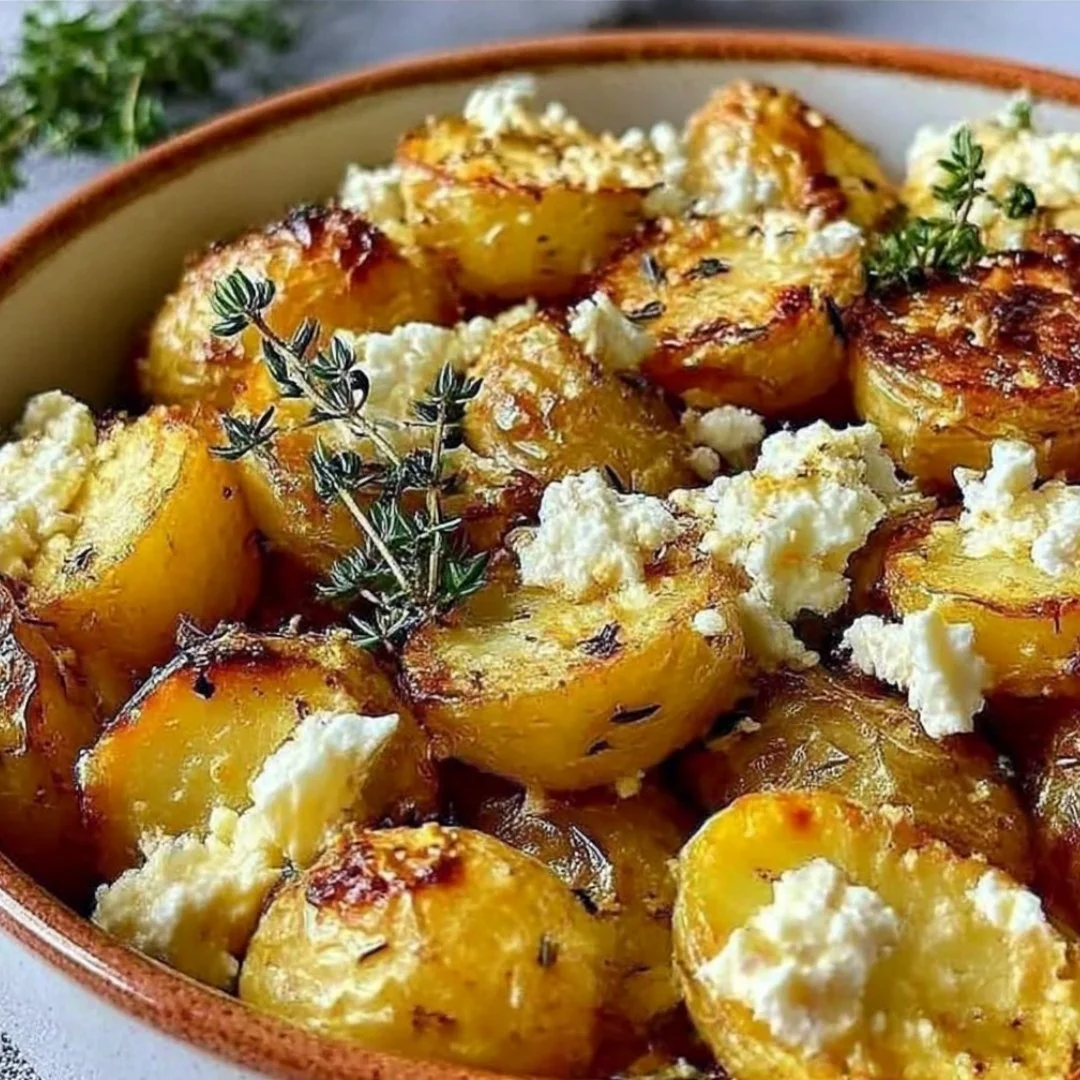 Healthy baked feta potatoes topped with herbs and feta cheese on a plate.