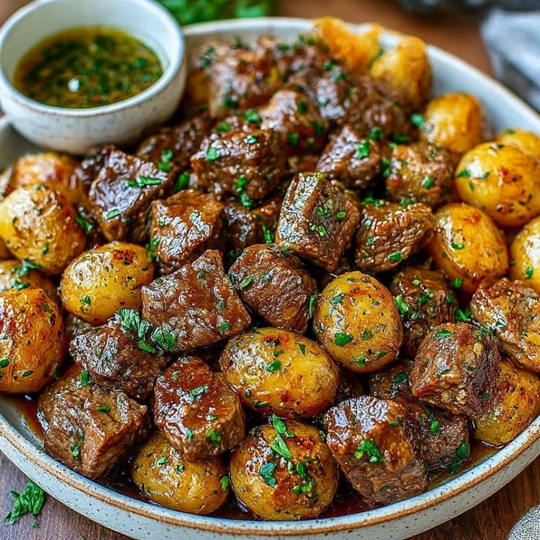High protein slow cooker garlic butter beef bites served on a plate