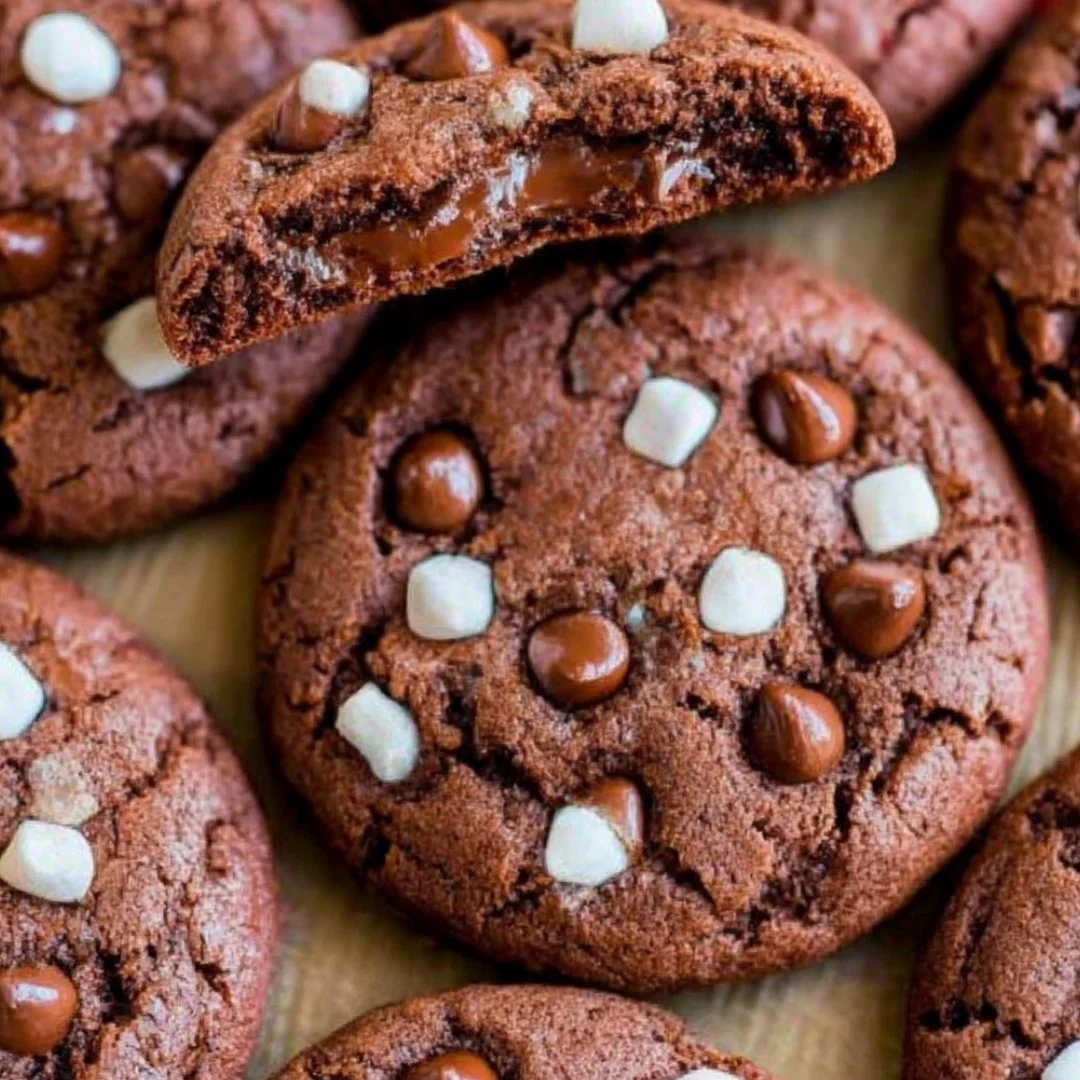 Delicious hot cocoa cookies on a plate topped with marshmallows.