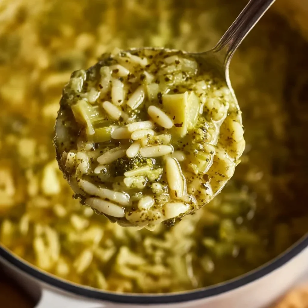Bowl of homemade Italian broccoli soup garnished with fresh herbs