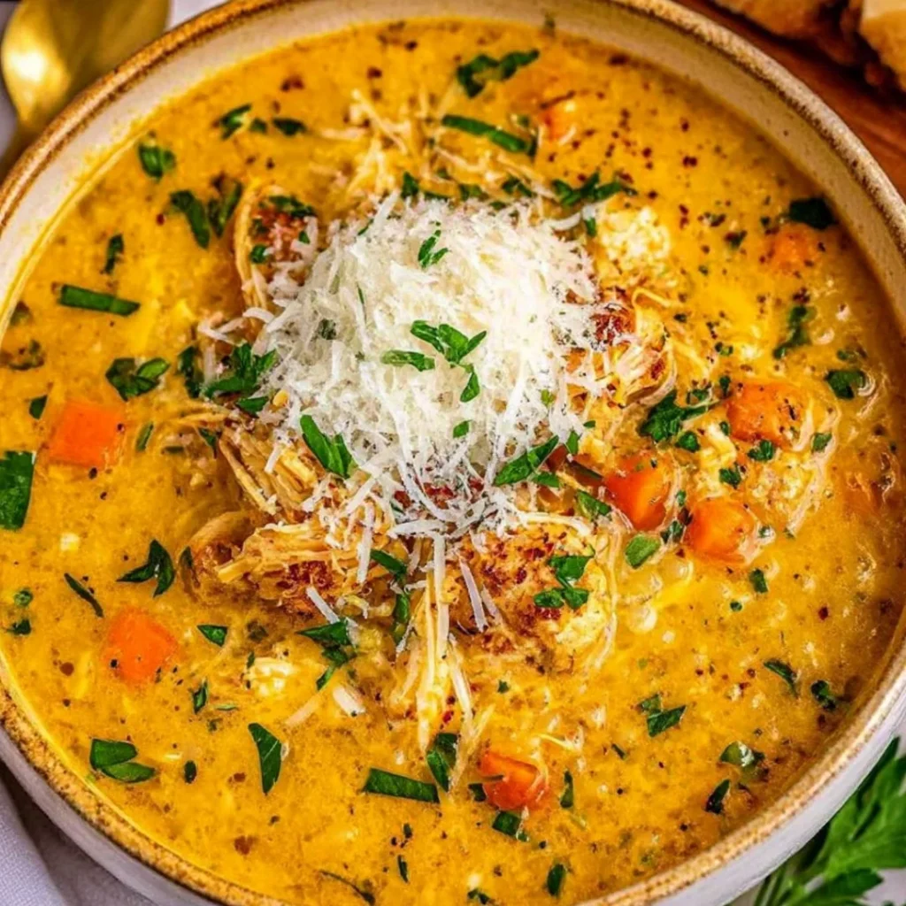 Bowl of Italian Penicillin Soup garnished with herbs and fresh ingredients