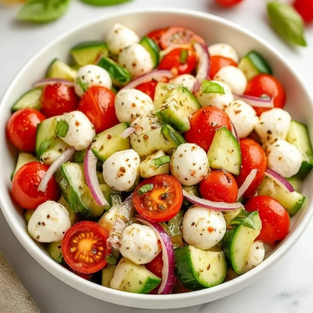 Juicy Cucumber Caprese Salad with fresh tomatoes, mozzarella, and basil