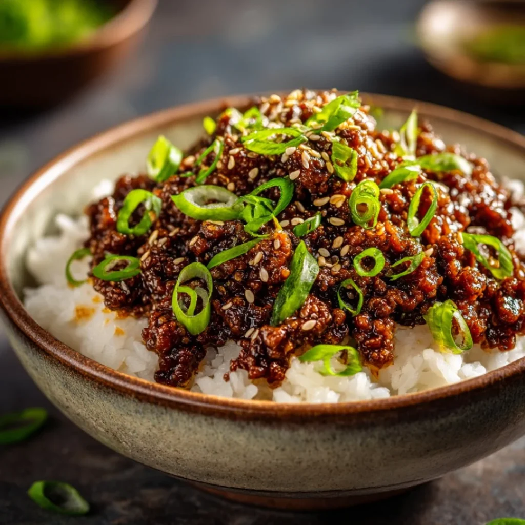 Korean Ground Beef Bowl with vegetables and rice topped with sesame seeds