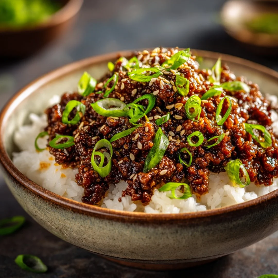 Korean Ground Beef Bowl with vegetables and rice topped with sesame seeds