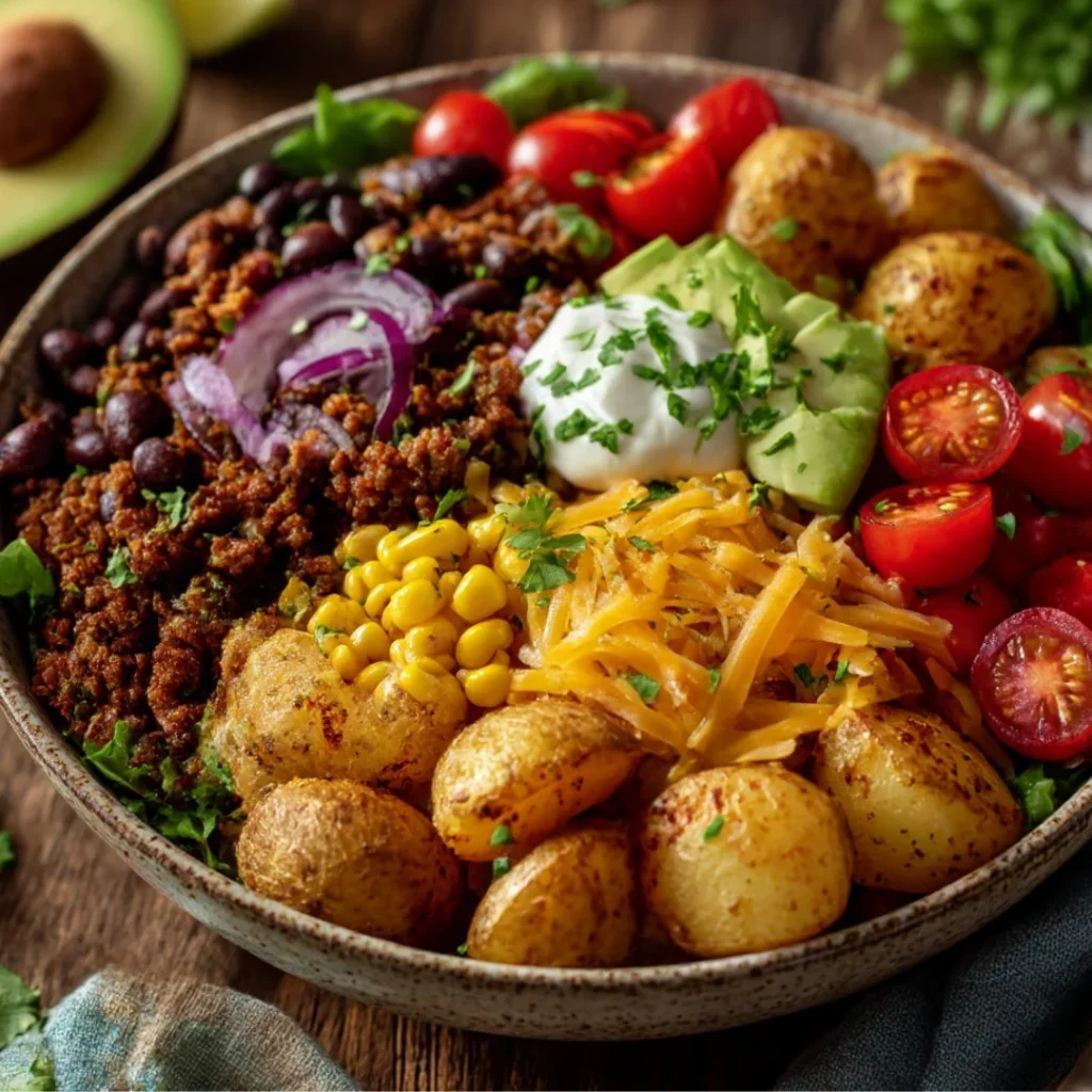Loaded Potato Taco Bowl topped with fresh ingredients and served in a bowl