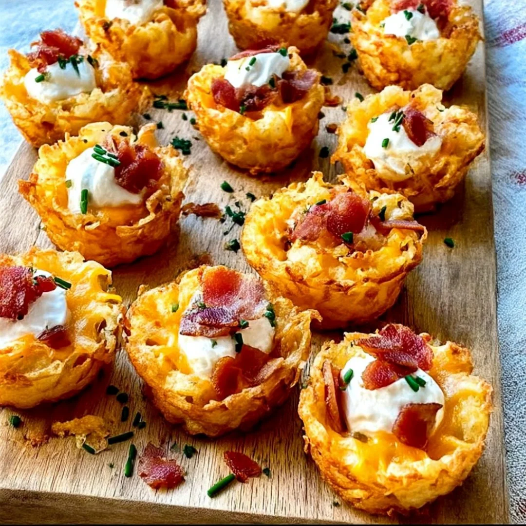 Loaded tater tots appetizers topped with cheese and toppings