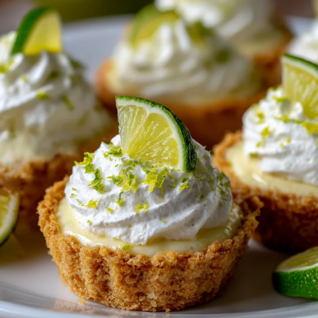 Mini key lime pies with whipped cream and lime slices on a plate