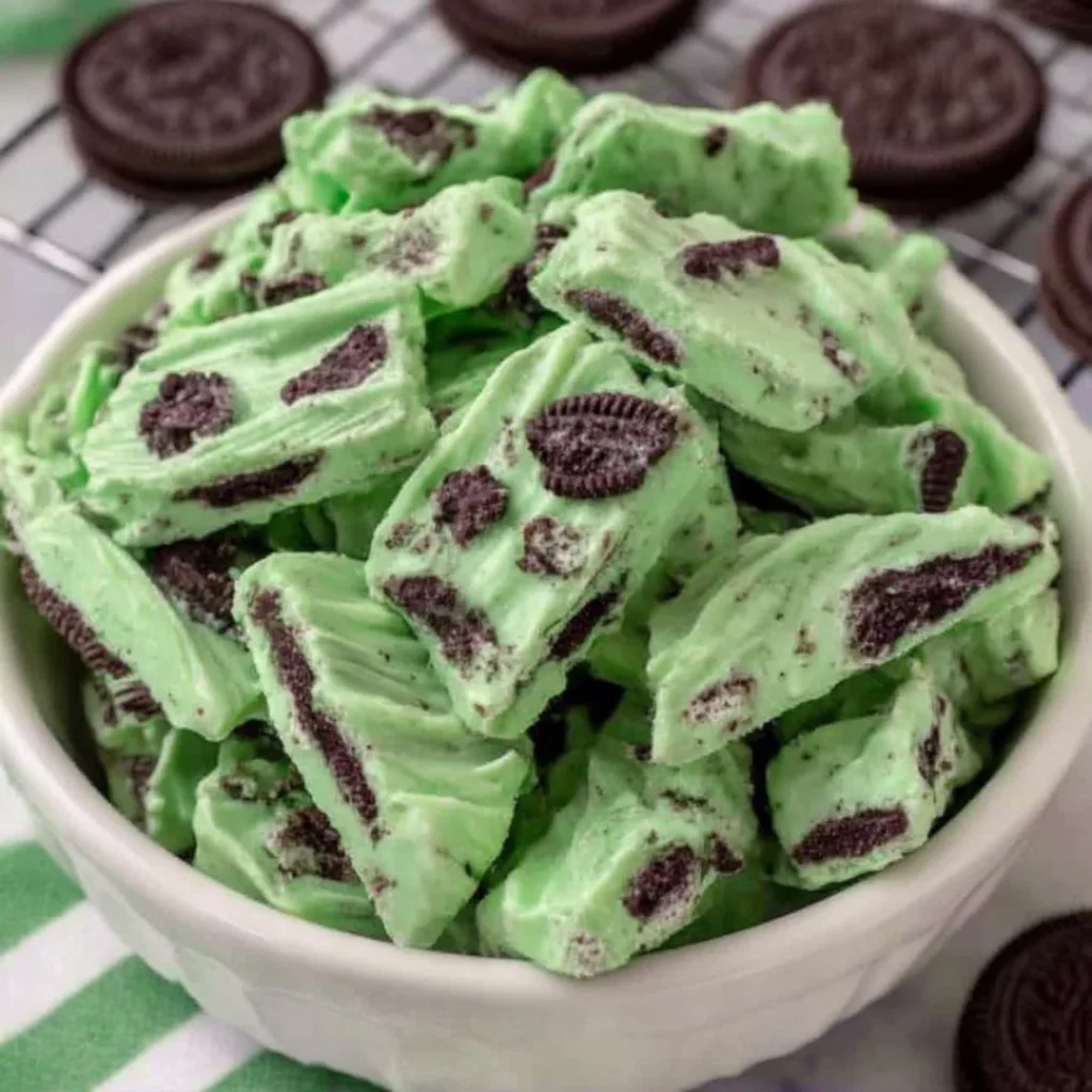 Delicious Mint Oreo Bark dessert made with chocolate and mint cream.