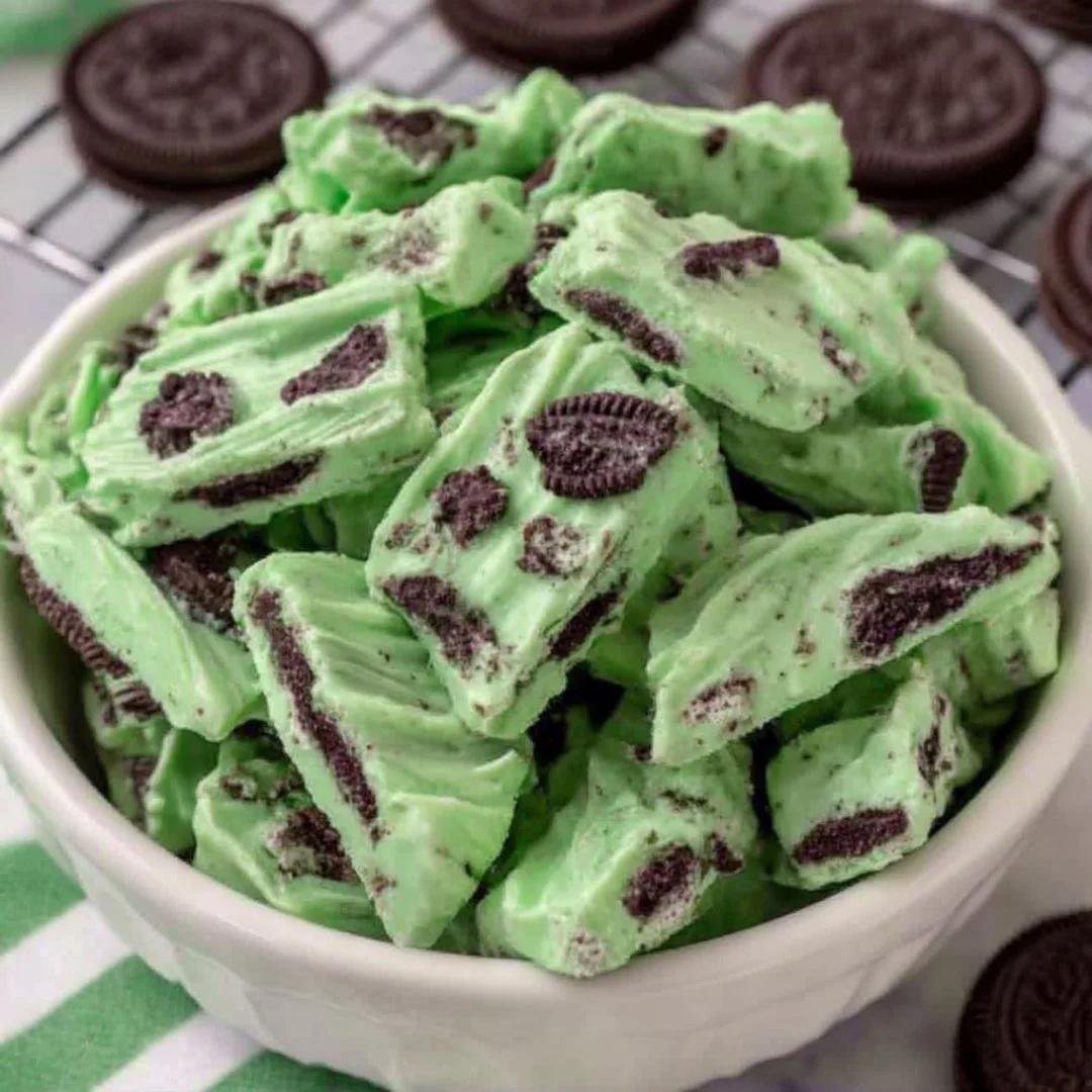 Delicious Mint Oreo Bark dessert made with chocolate and mint cream.