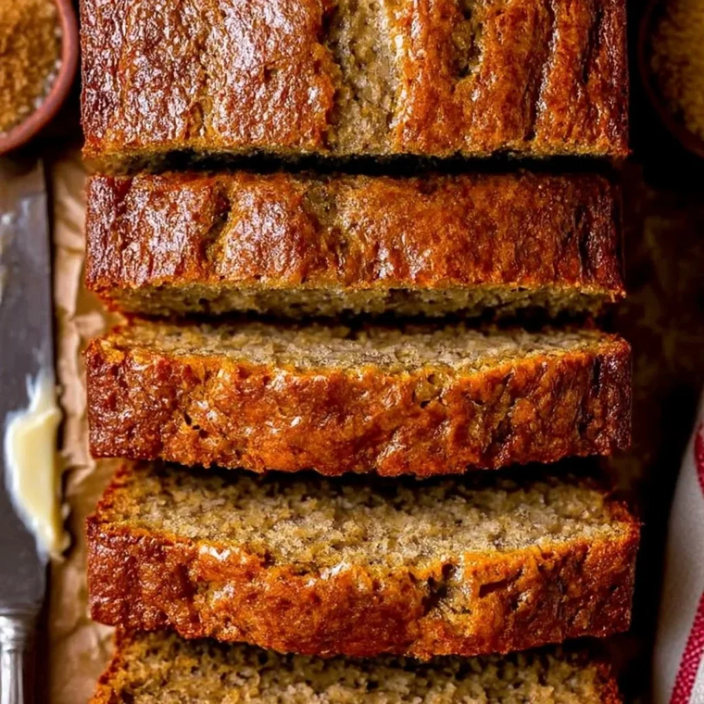 Slice of moist banana bread on a wooden table with bananas and walnuts