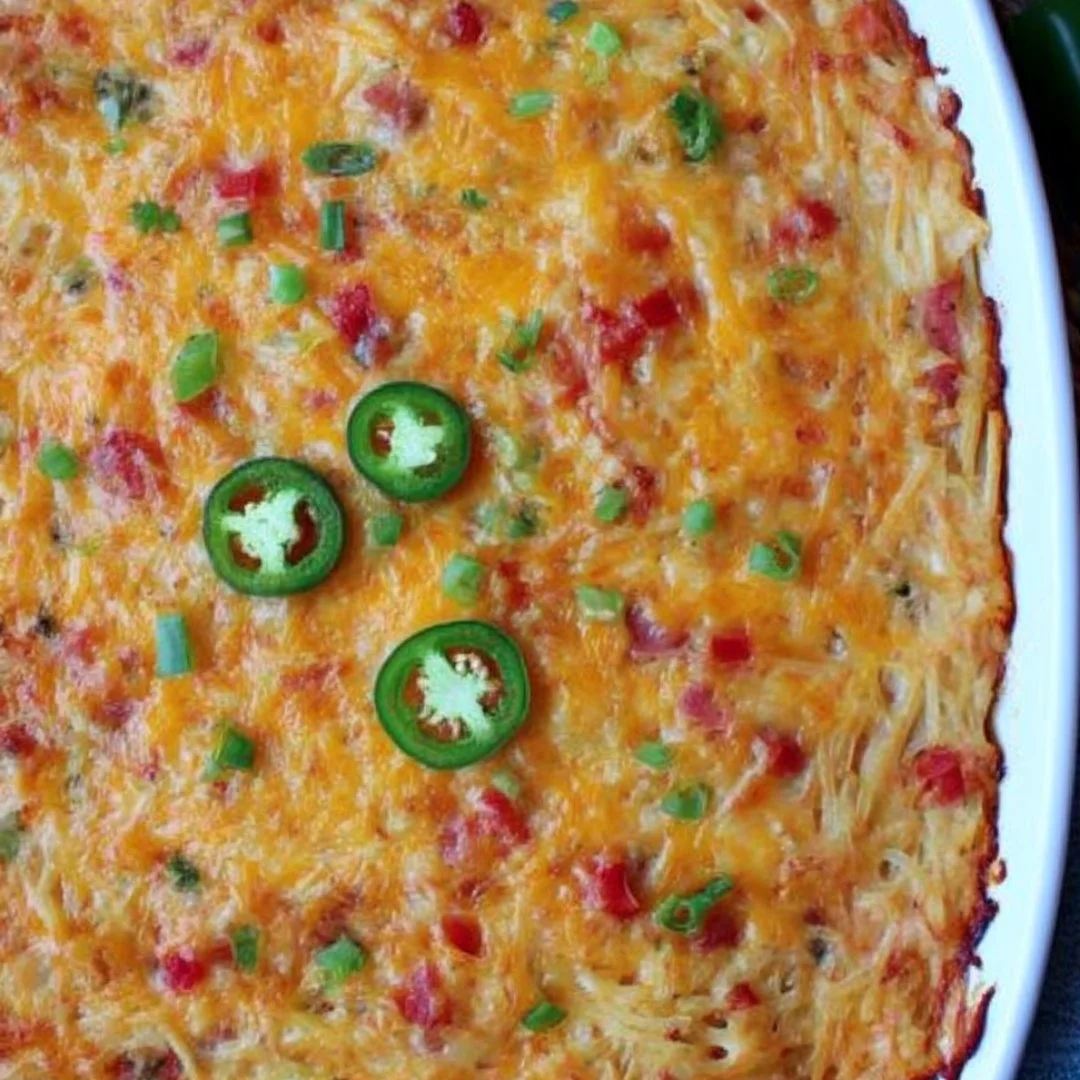 Delicious pimento cheese hash brown casserole ready to serve.