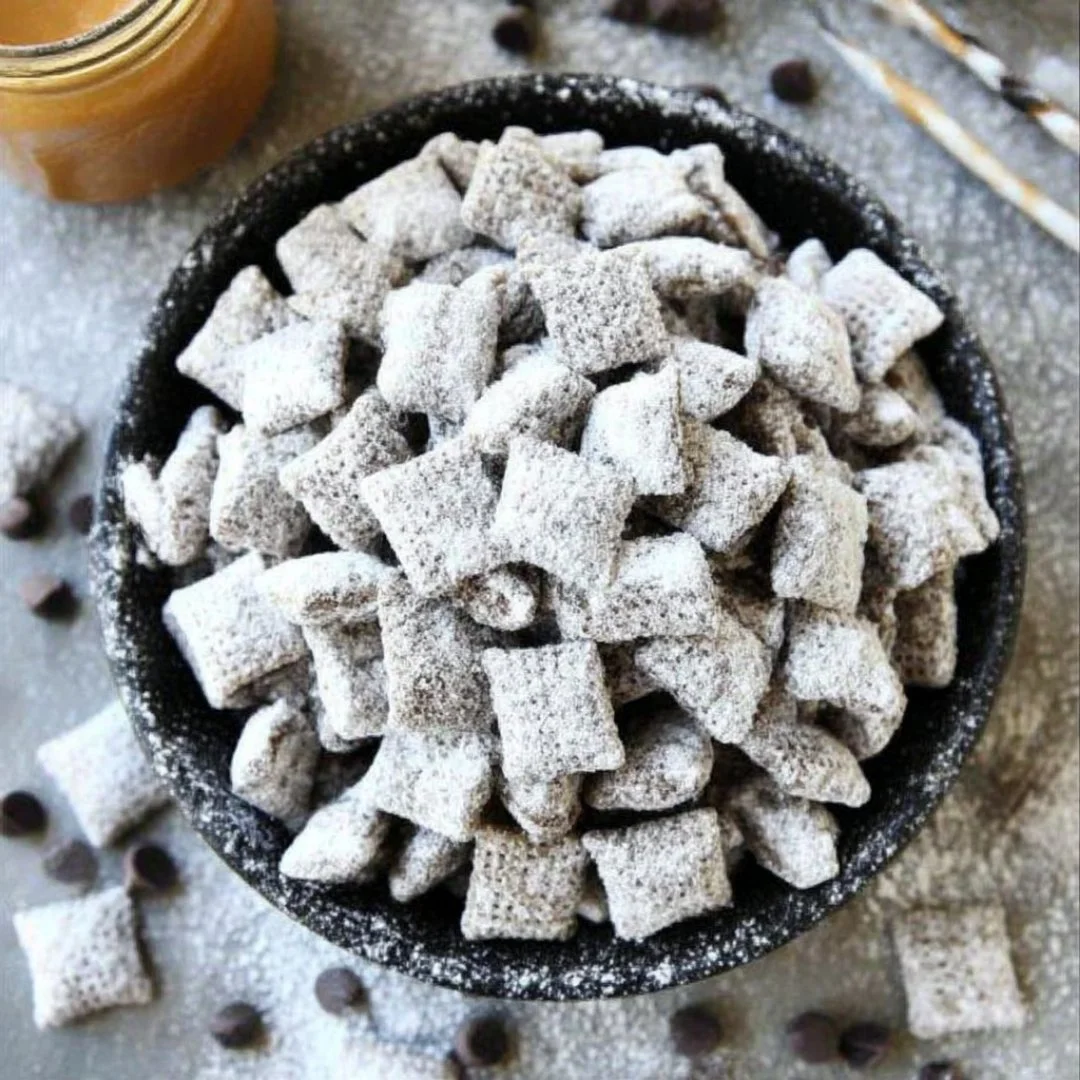 A bowl of Puppy Chow (Muddy Buddies) made with chocolate, peanut butter, and powdered sugar.
