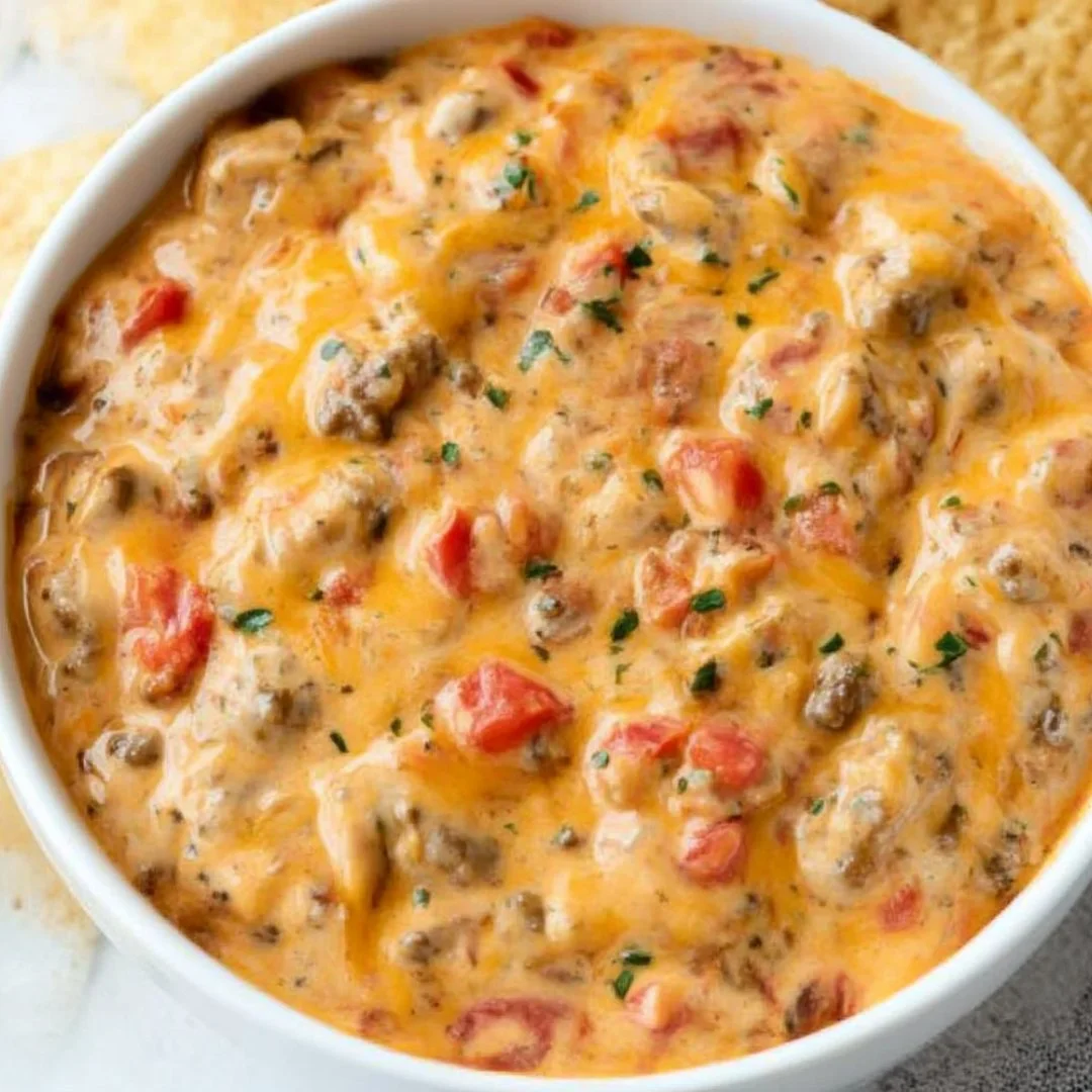 Creamy Rotel Dip with cheese and tomatoes served in a bowl
