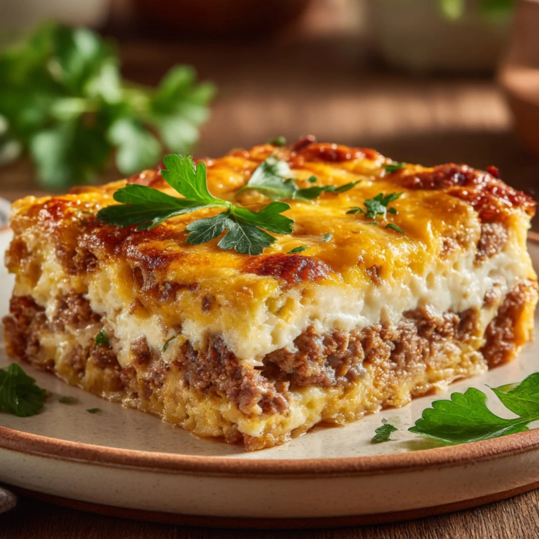 Delicious homemade sausage and egg casserole served in a baking dish.