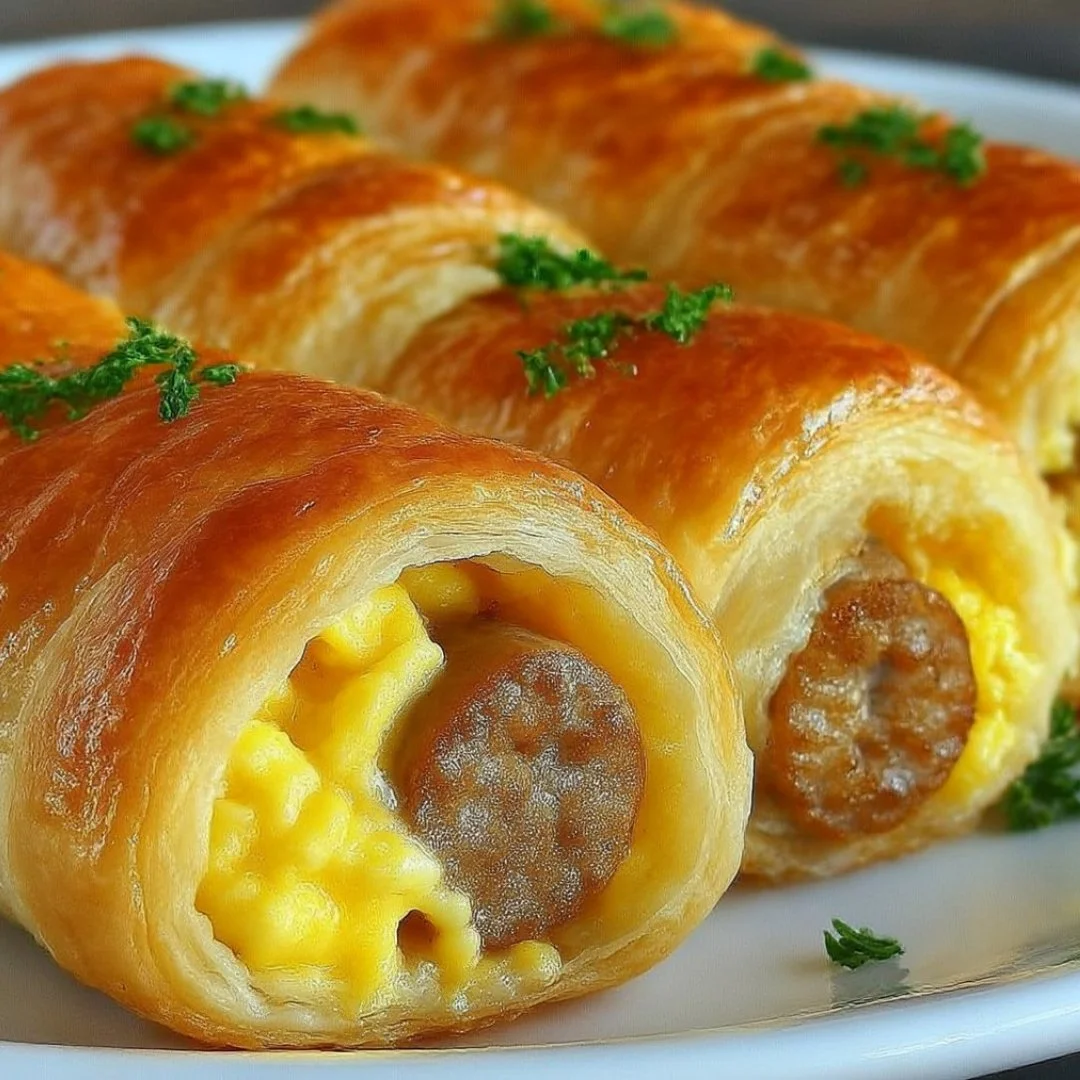 Sausage egg breakfast roll-ups with cheese rolled in a tortilla wrap on a plate.
