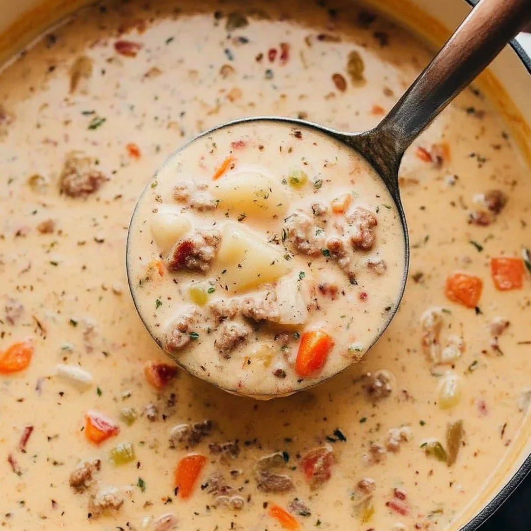 Bowl of hearty sausage potato soup with vegetables and herbs.