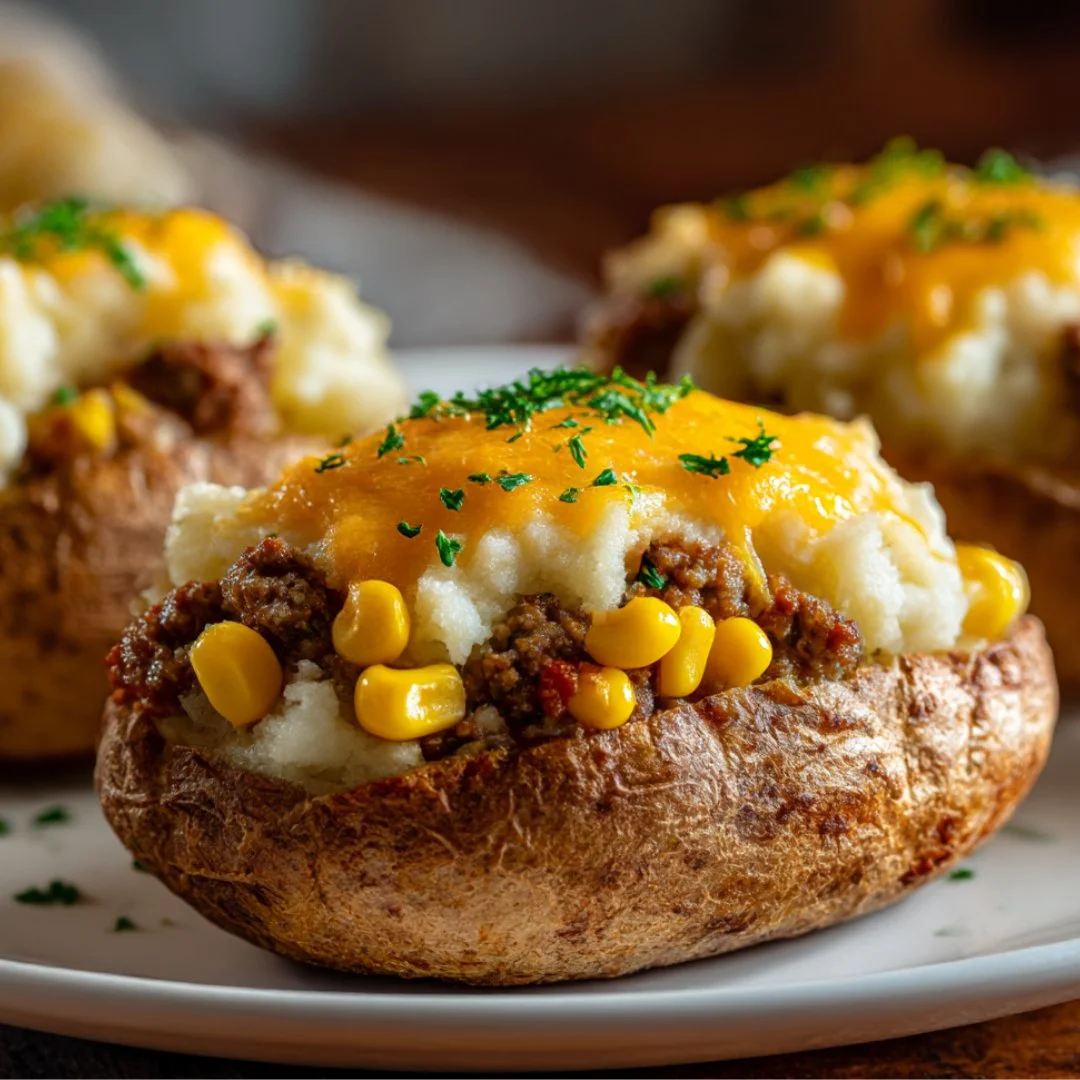 Shepherd's Pie Baked Potato topped with creamy mashed potatoes and savory meat