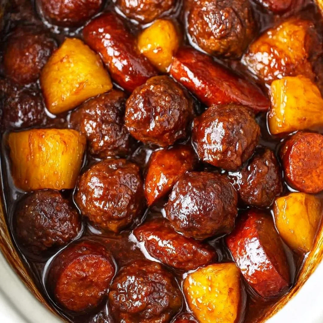 Slow Cooker Meatball Pineapple Smokies ready to serve for a party appetizer