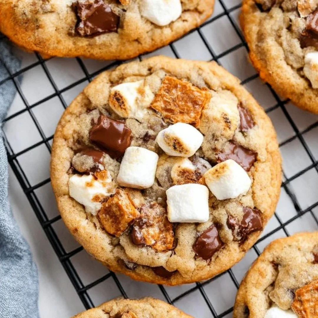 Freshly baked S'mores Cookies with chocolate and marshmallows