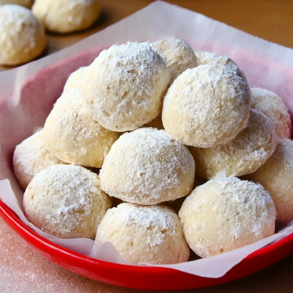 Plate of delicious homemade snowball cookies dusted with powdered sugar.