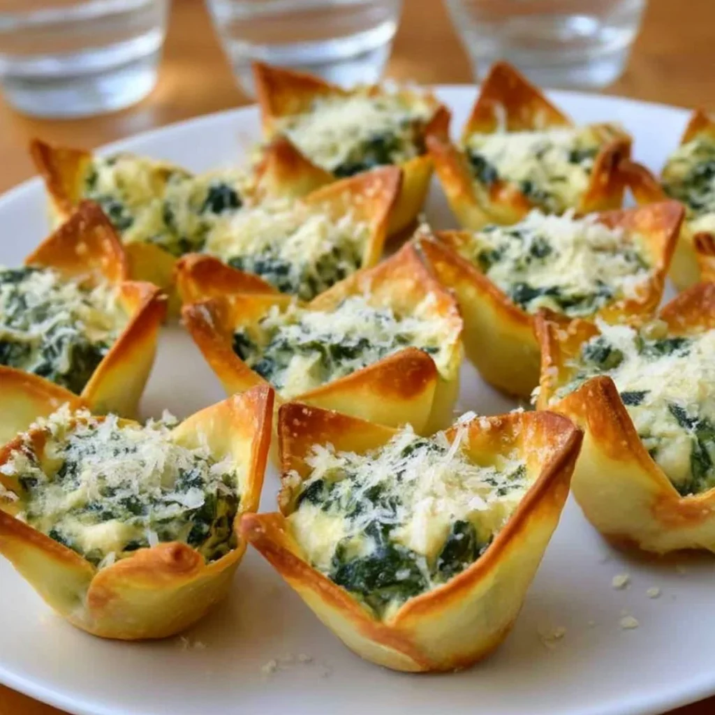 Spinach-Artichoke Dip Wonton Cups garnished and ready to serve