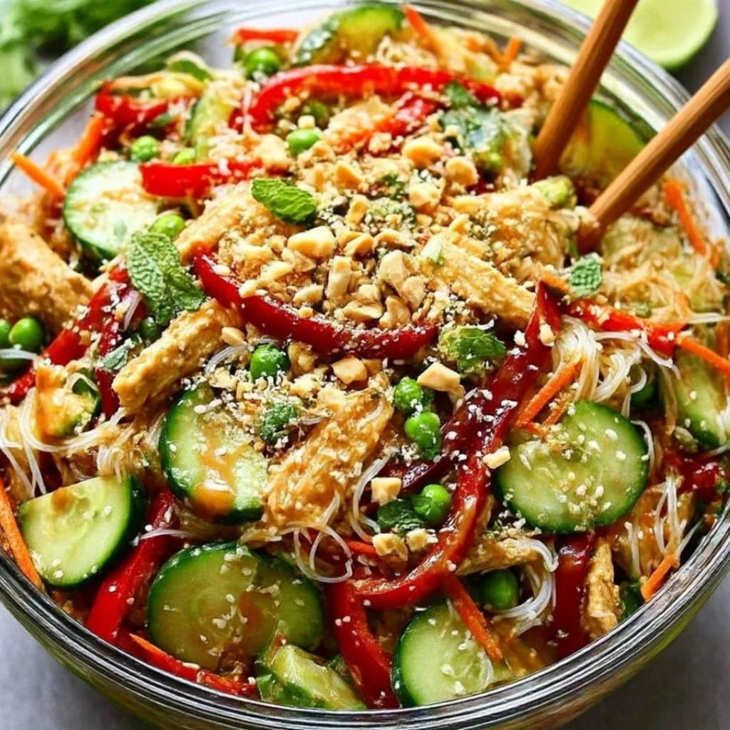 Spring Roll Salad topped with Spicy Ginger Dressing in a vibrant bowl