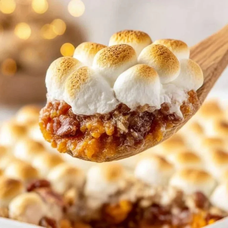 Delicious sweet potato casserole topped with fluffy marshmallows, perfect for holidays.