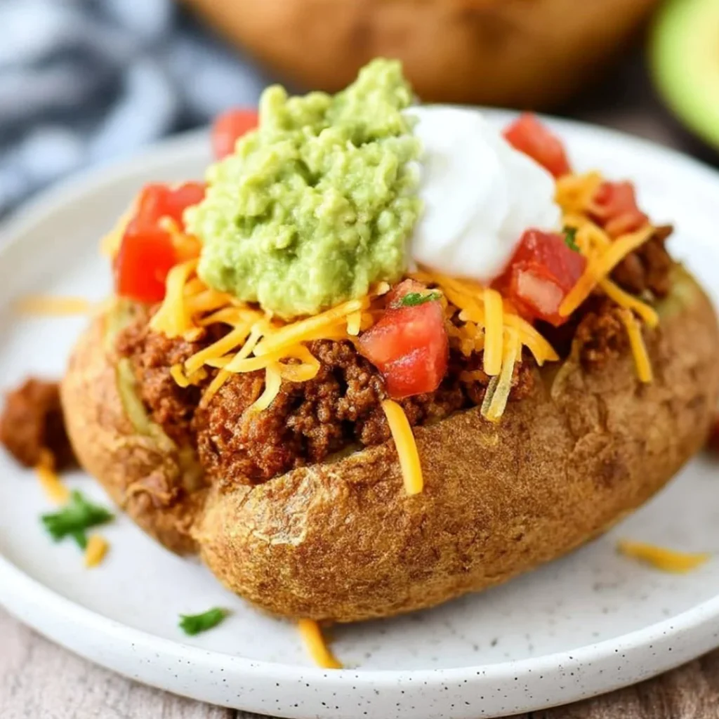 Delicious plate of Taco Potatoes topped with cheese and fresh veggies