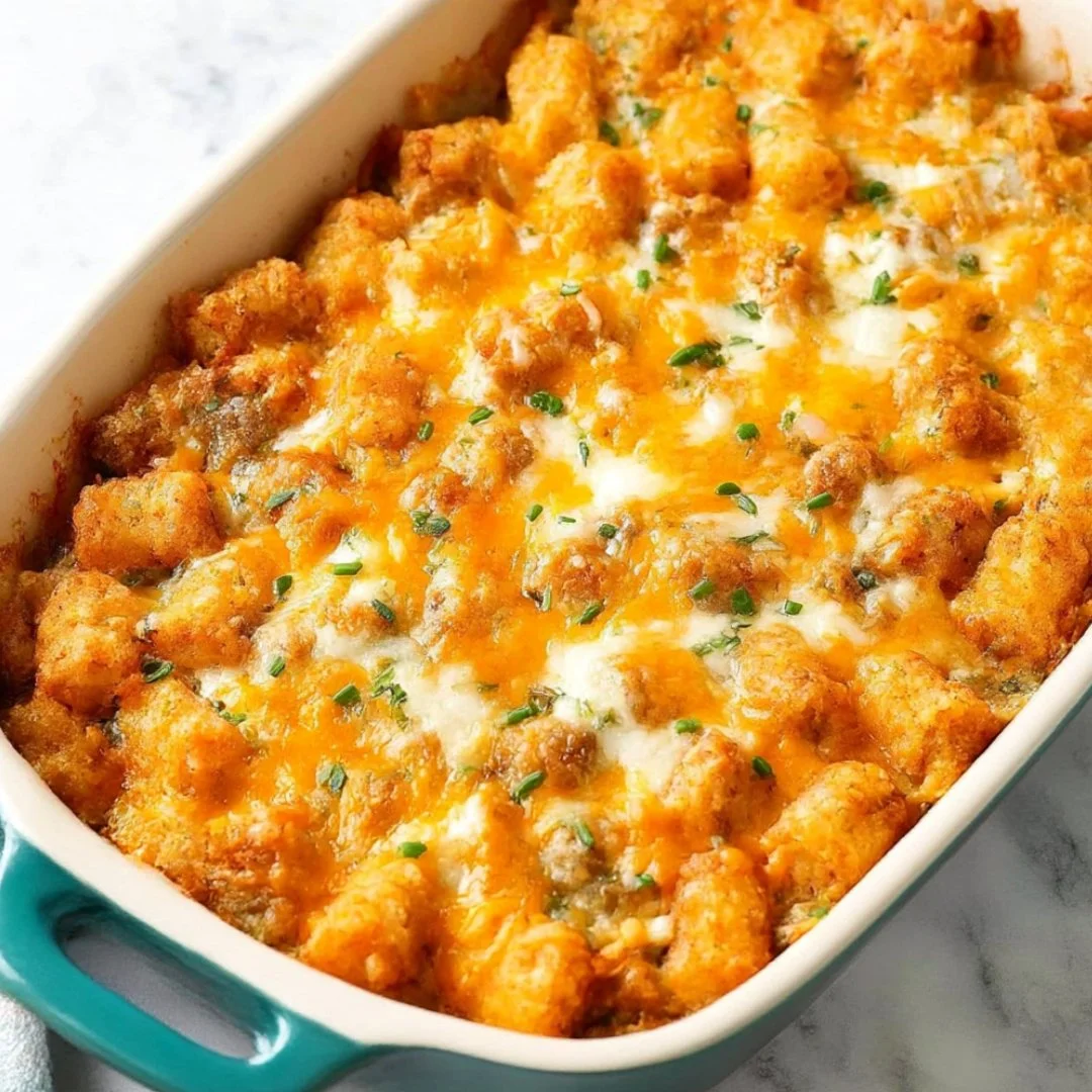 Delicious Tater Tot Breakfast Casserole with Sausage baked in a dish