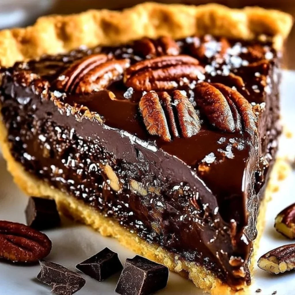 Delicious Texas chocolate pecan pie with rich chocolate and pecans