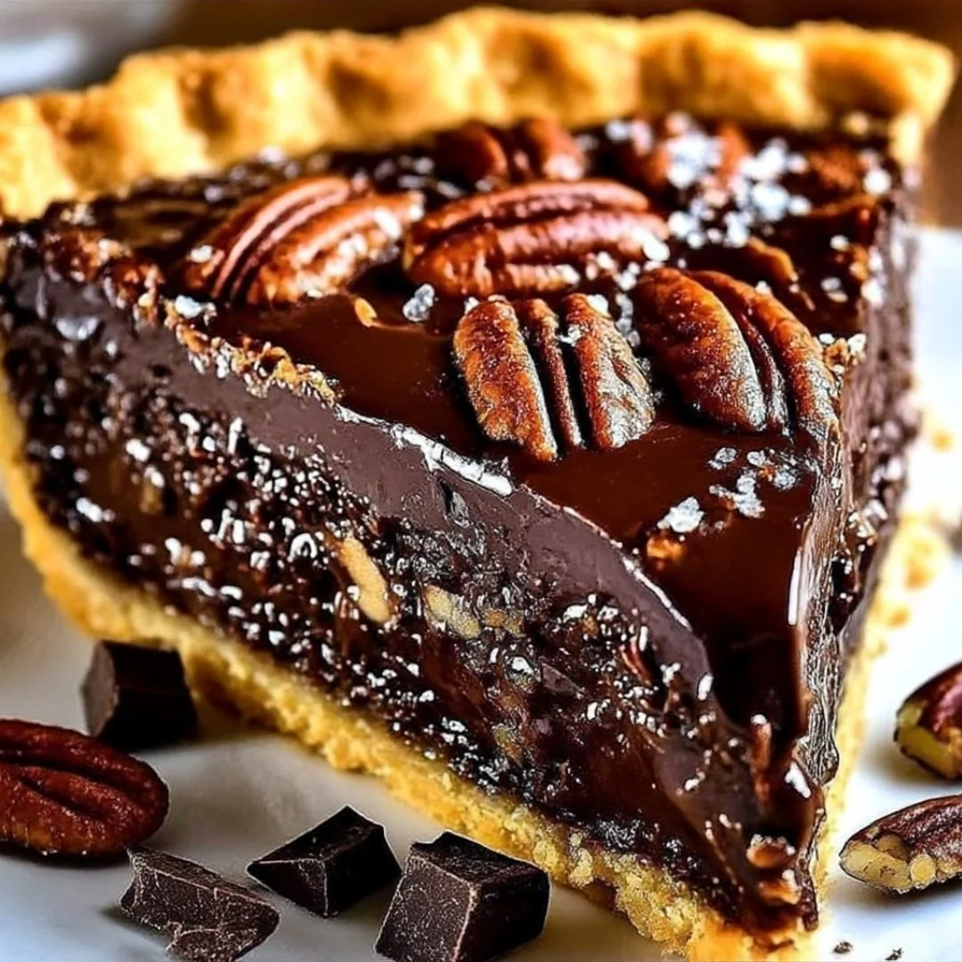 Delicious Texas chocolate pecan pie with rich chocolate and pecans
