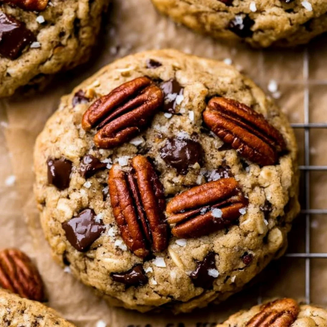 Delicious freshly baked cowboy cookies on a rustic wooden table.