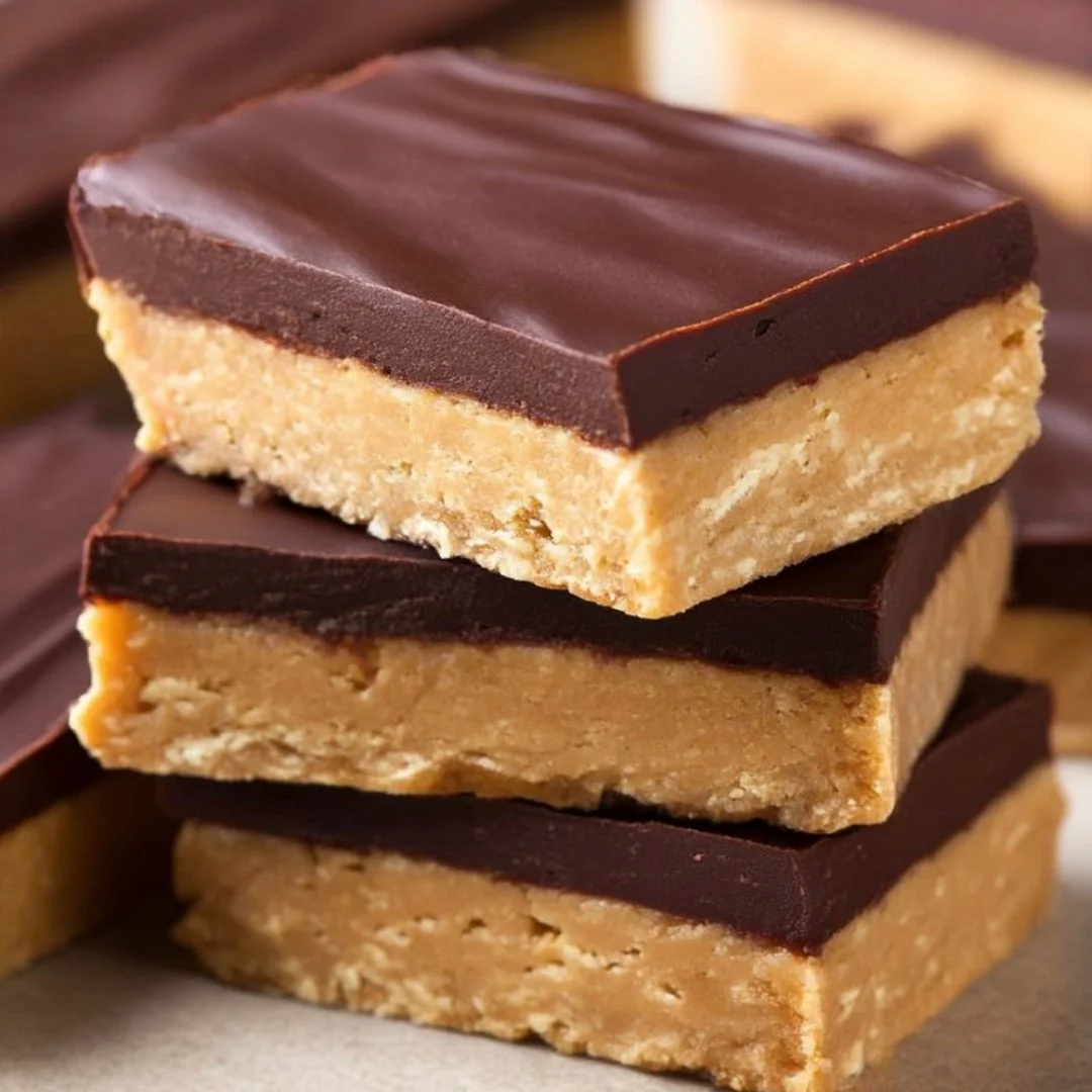 Delicious no bake protein bars stacked on a wooden surface