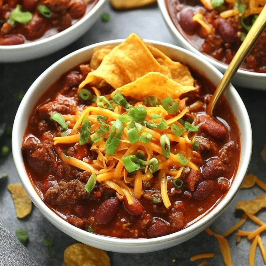 Bowl of the best ever chili recipe topped with cheese and fresh herbs