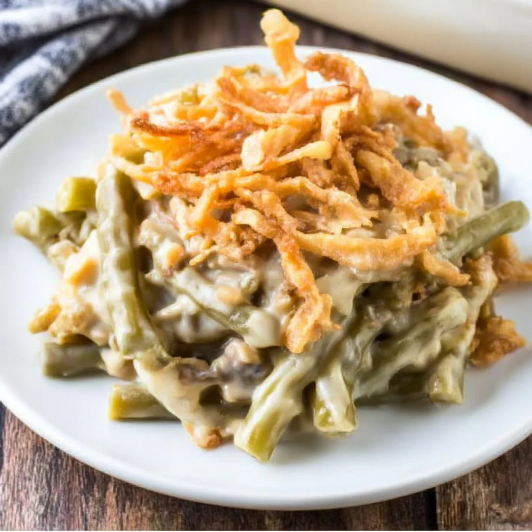 Delicious green bean casserole topped with crispy fried onions