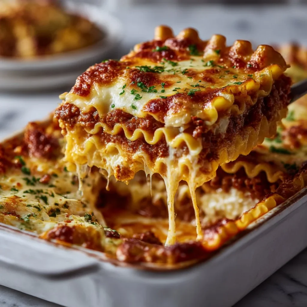Plate of delicious homemade lasagna with layers of cheese, sauce, and pasta