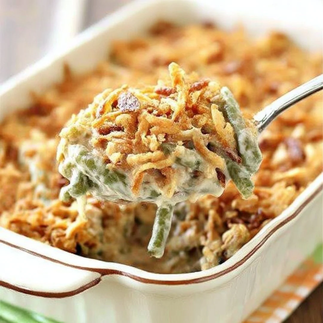 Delicious ultimate green bean casserole with crispy toppings and creamy sauce