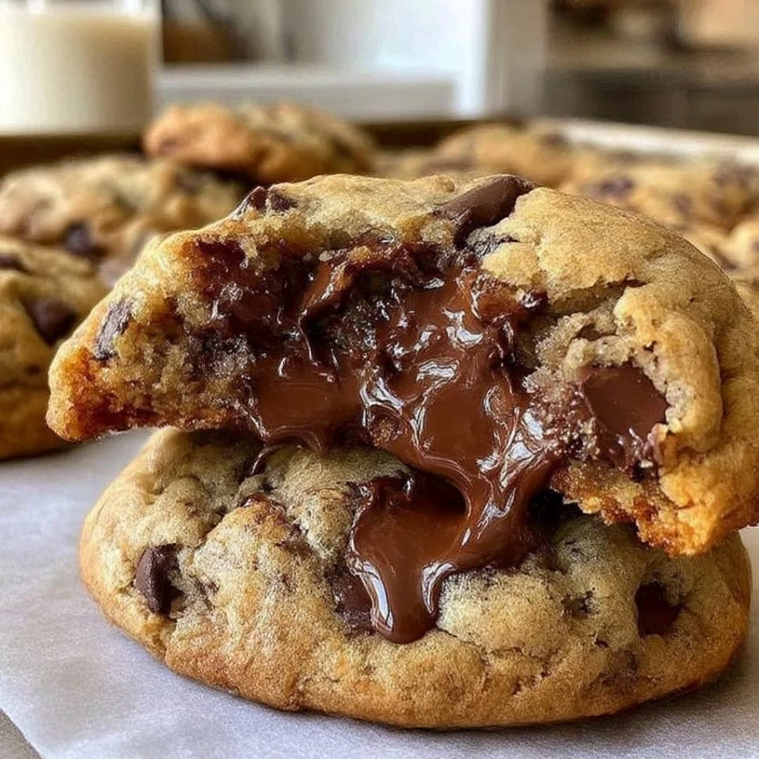 Ultra thick bakery-style chocolate chip cookies fresh from the oven