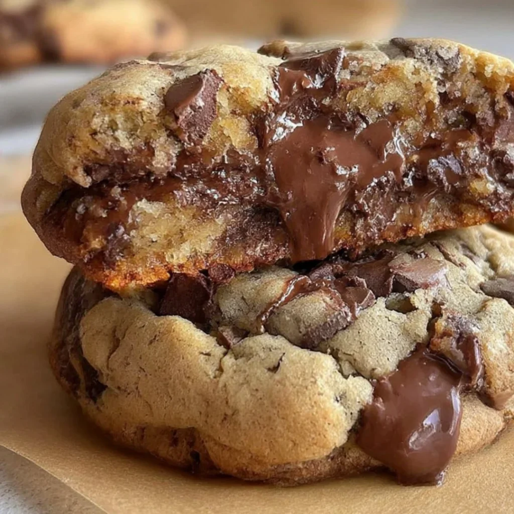 Ultra thick bakery-style chocolate chip cookies on a plate.