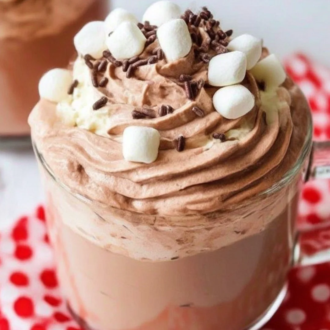 Delicious whipped hot chocolate topped with whipped cream and chocolate shavings
