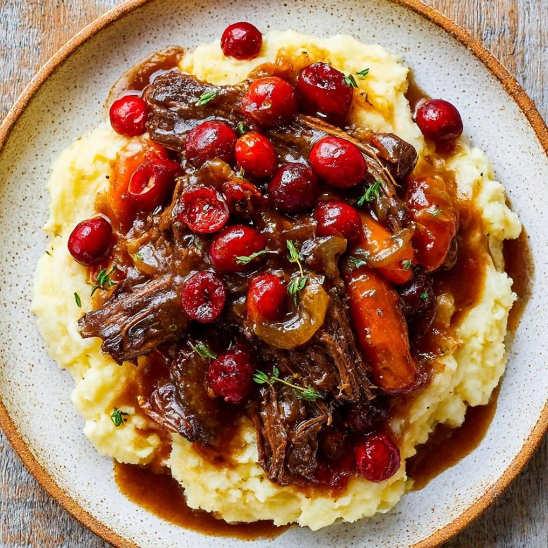 Winter pot roast with balsamic cranberry sauce served on a plate