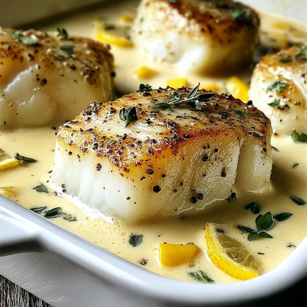 Baked cod topped with coconut lemon cream sauce, served on a plate.