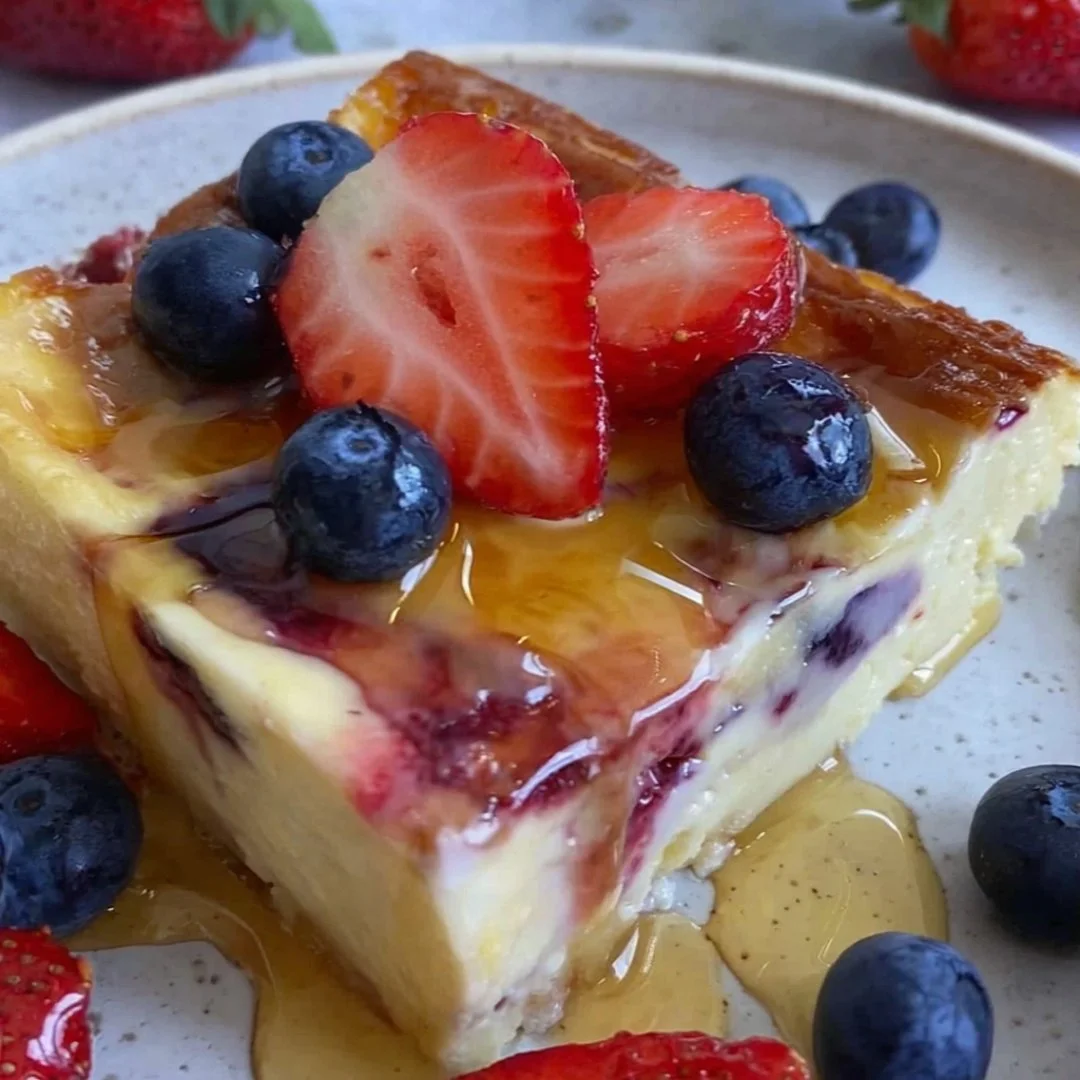 Delicious baked yogurt topped with fresh fruits and nuts