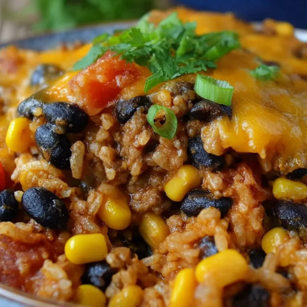 Delicious beef enchilada casserole topped with cheese and fresh herbs