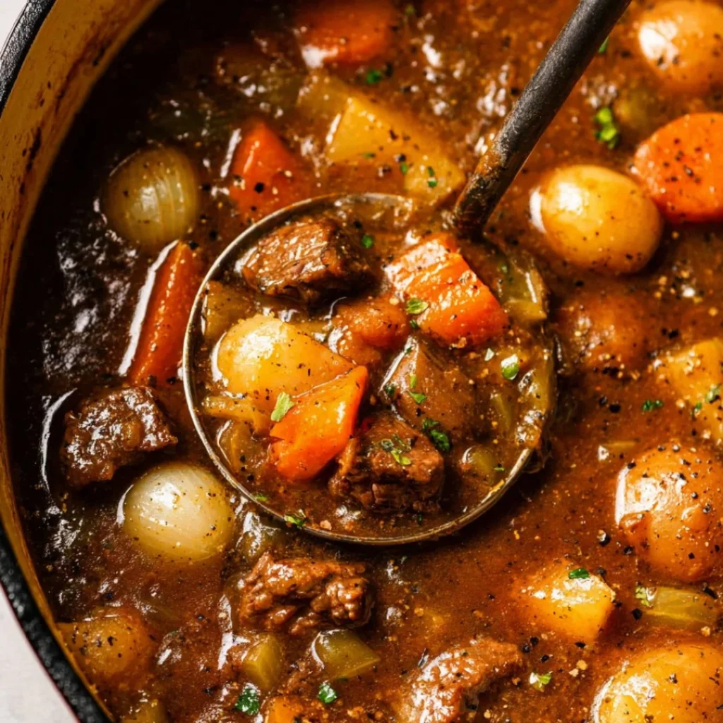 A steaming bowl of hearty beef stew with vegetables and tender meat