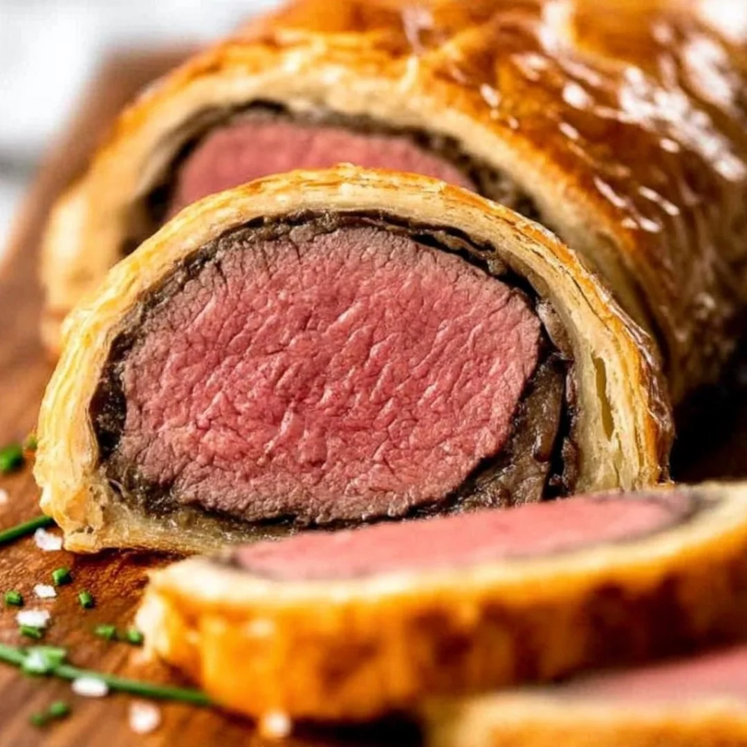 Delicious Beef Wellington beautifully plated with seasoning.