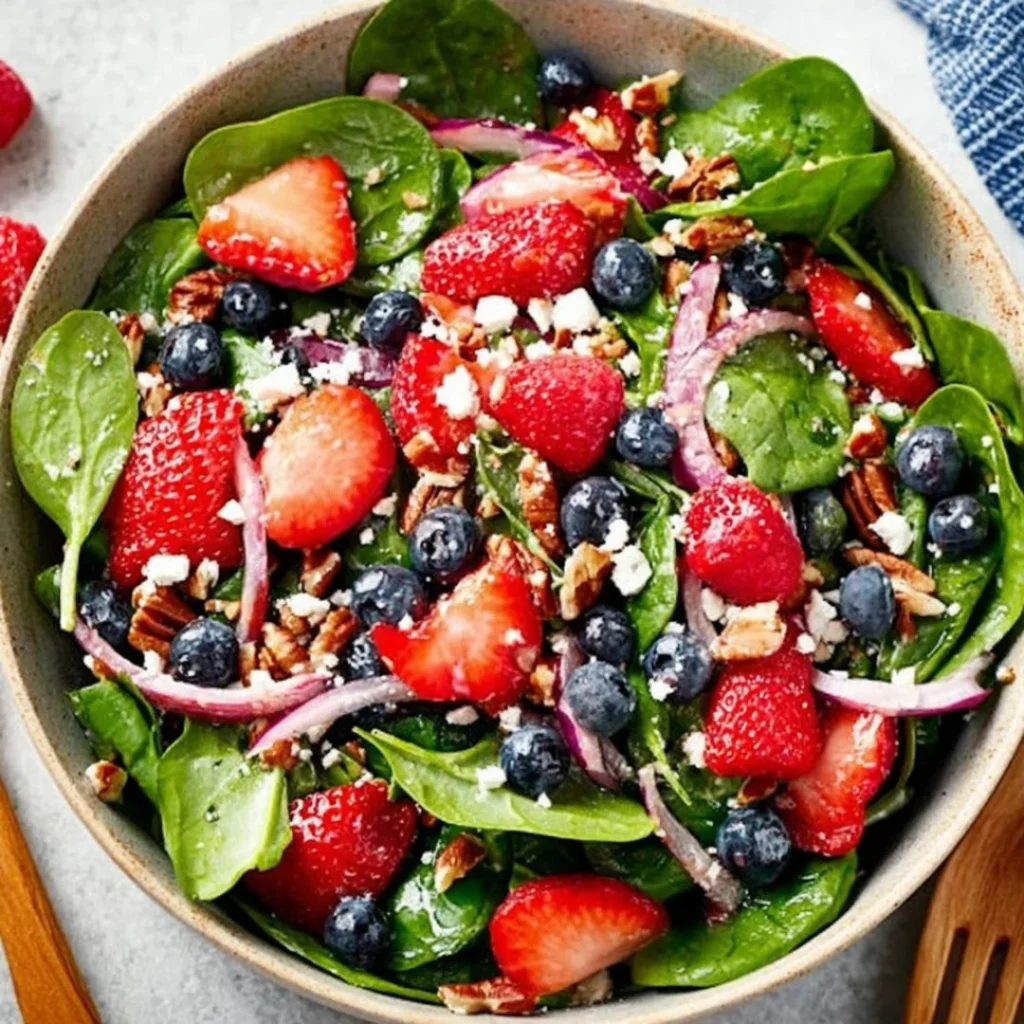 Delicious Berry Spinach Salad with fresh berries, nuts, and spinach leaves