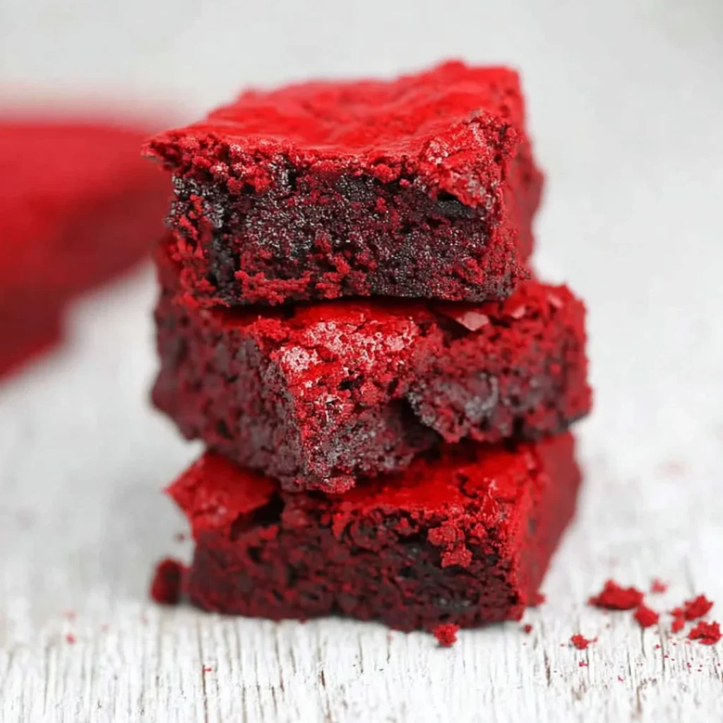 Batch of delicious homemade red velvet brownies on a plate